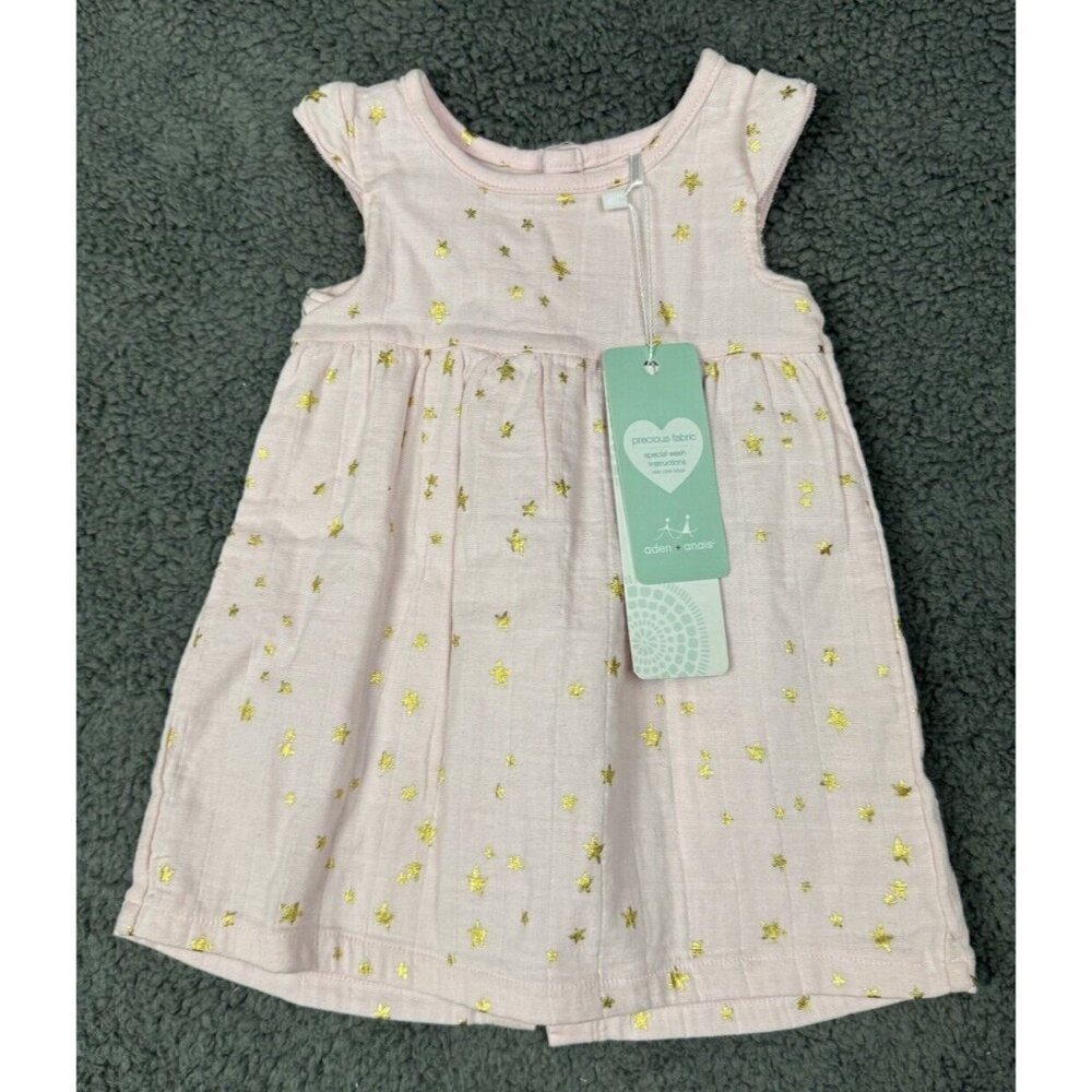 NWT ADEN ANAIS DRESS 3-6 BABY GIRLS FLUTTER YOKE PINK GOLD METALLIC STAR MUSLIN